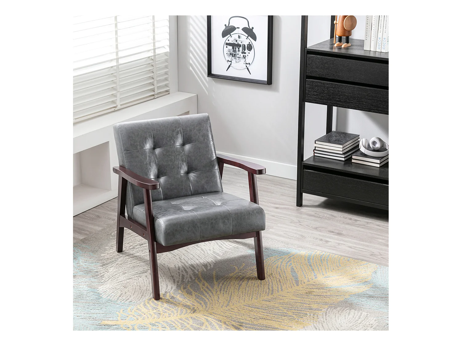 Vintage stijl gestoffeerde kunstleren fauteuil - Slaapkamer Kantoor Natuurlijke houten fauteuil, grijs