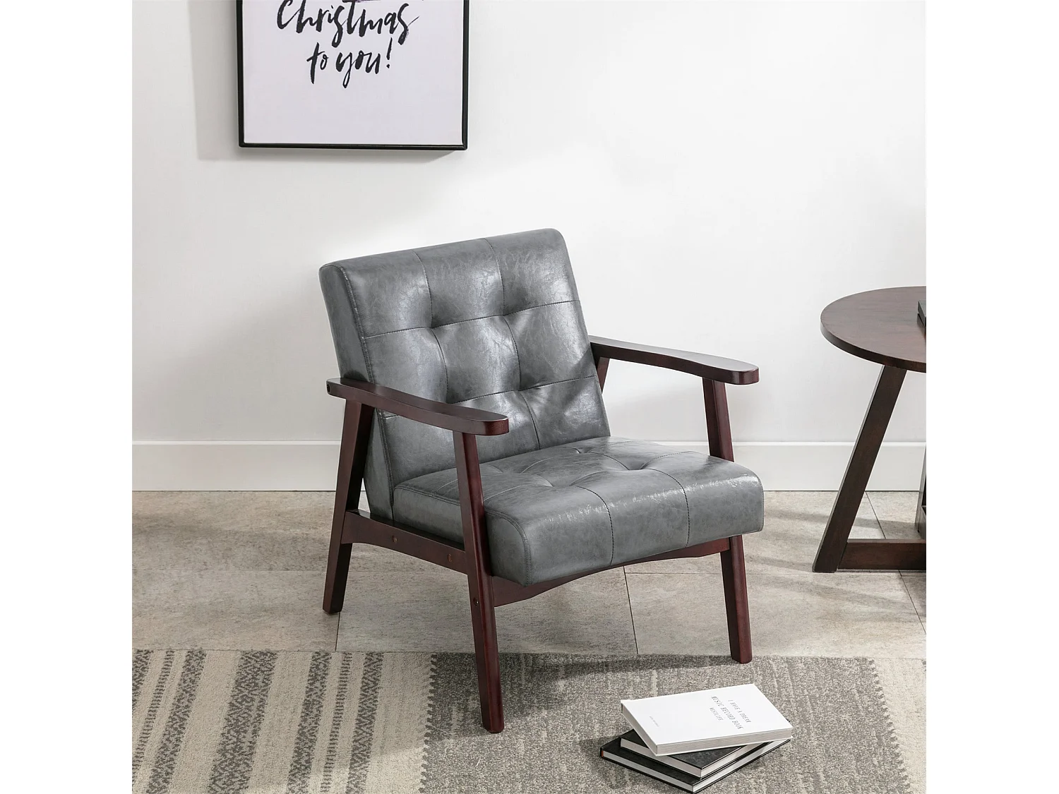 Fauteuil en cuir artificiel tapisé style vintag-Fauteuil en bois naturel de bureau de chambre à coucher, gris