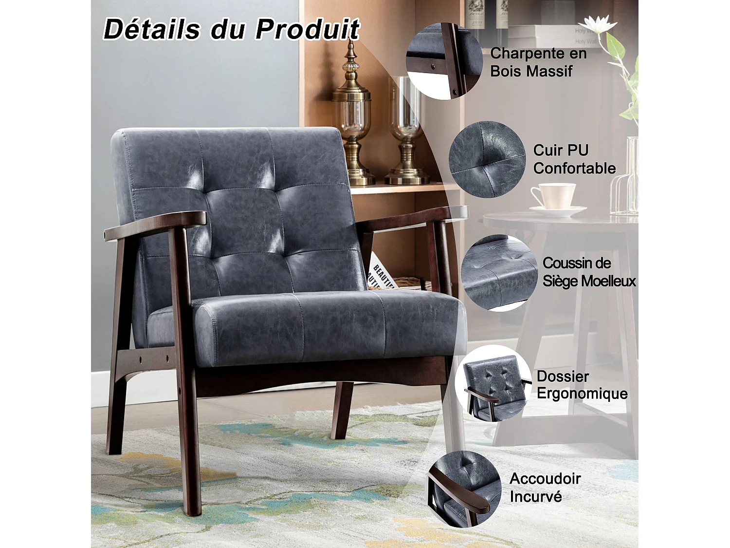 Fauteuil en cuir artificiel tapisé style vintag-Fauteuil en bois naturel de bureau de chambre à coucher, gris