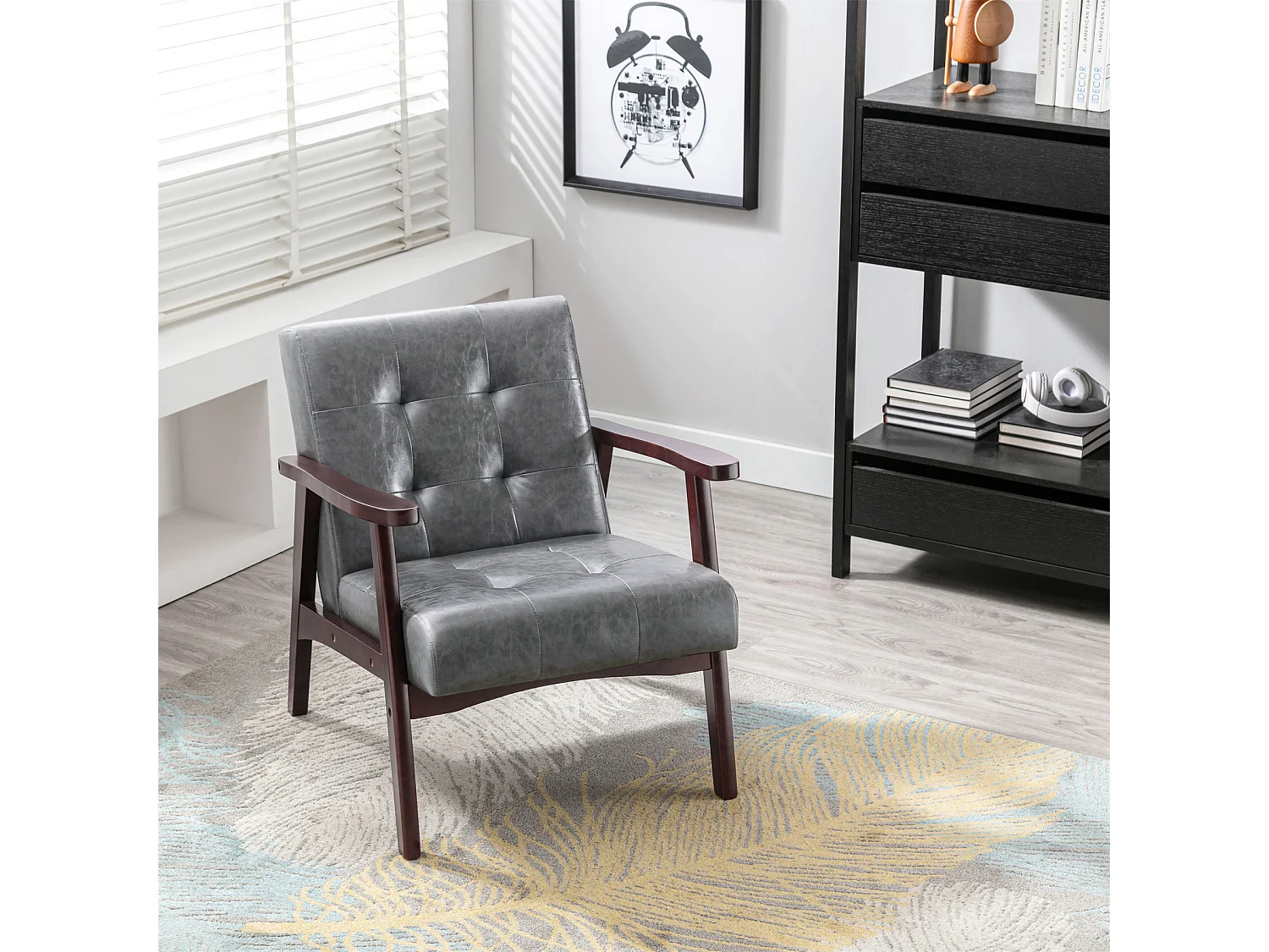 Fauteuil en cuir artificiel tapisé style vintag-Fauteuil en bois naturel de bureau de chambre à coucher, gris