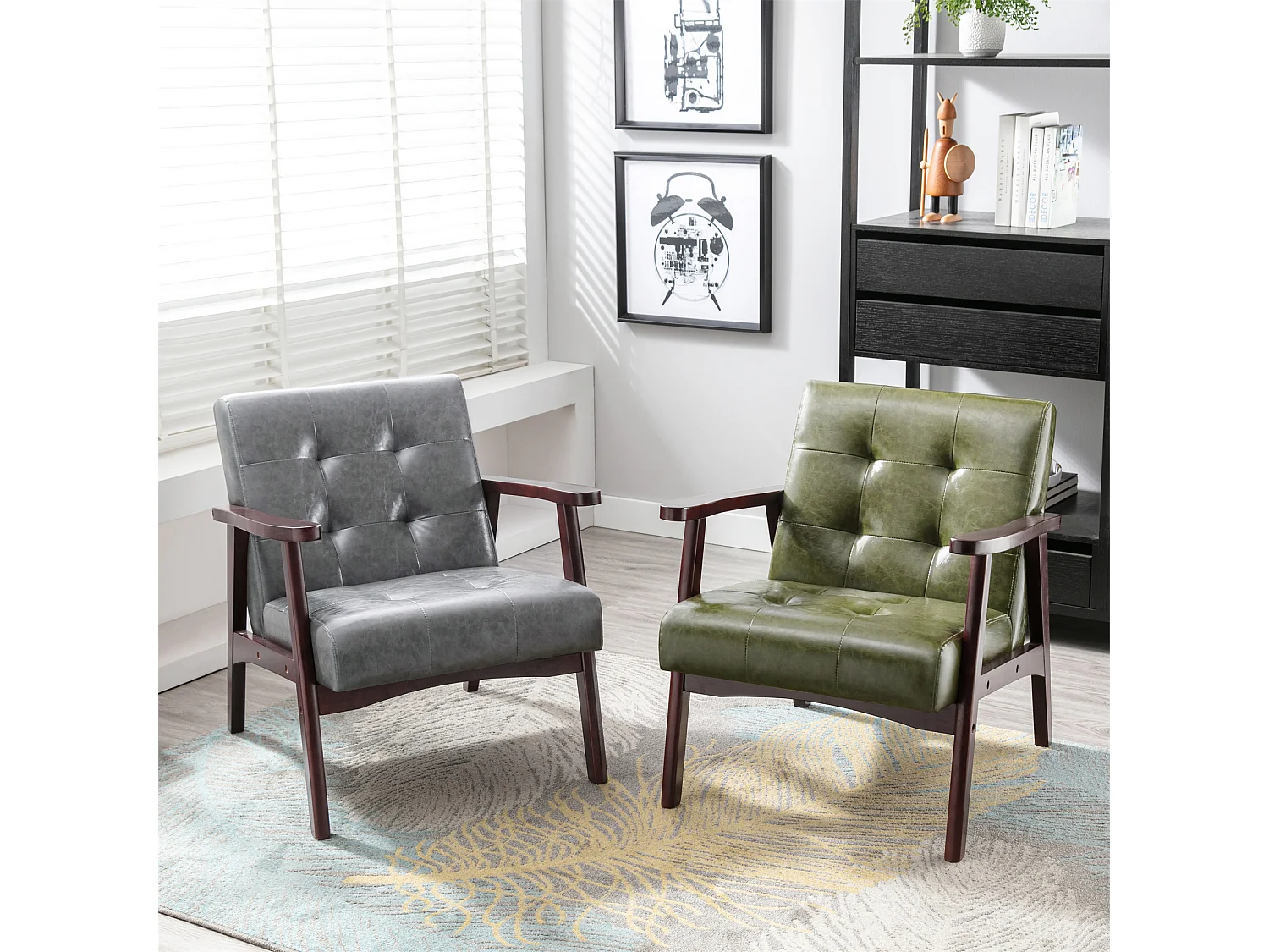 Sillón de cuero artificial tapizado estilo vintage - Sillón de madera natural para oficina o dormitorio, azul