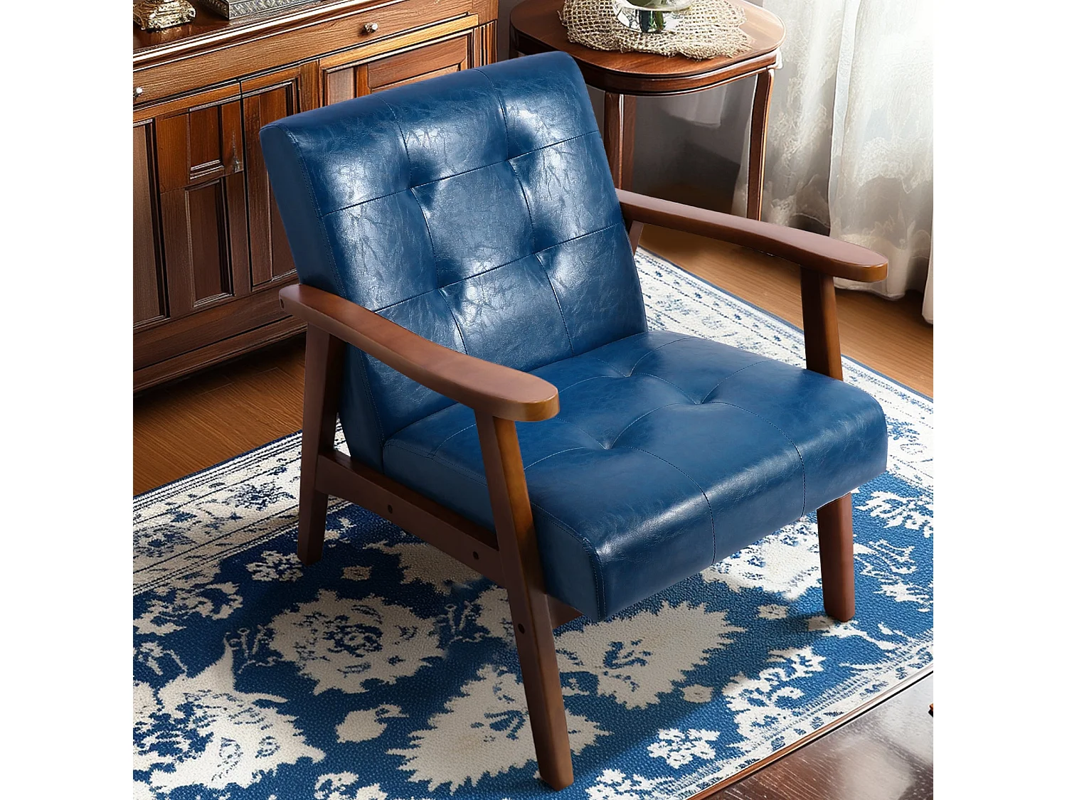 Fauteuil en cuir artificiel tapisé style vintag-Fauteuil en bois naturel de bureau de chambre à coucher, bleu