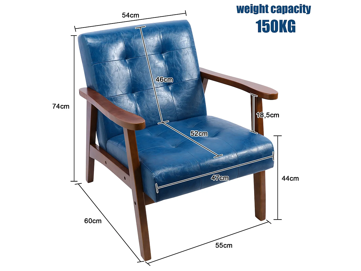 Fauteuil en cuir artificiel tapisé style vintag-Fauteuil en bois naturel de bureau de chambre à coucher, bleu