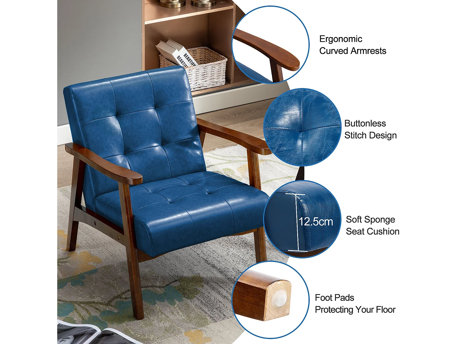 Fauteuil en cuir artificiel tapisé style vintag-Fauteuil en bois naturel de bureau de chambre à coucher, bleu