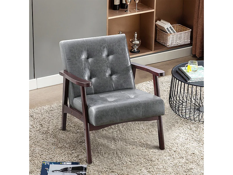 Fauteuil en cuir artificiel tapisé style vintag-Fauteuil en bois naturel de bureau de chambre à coucher, gris