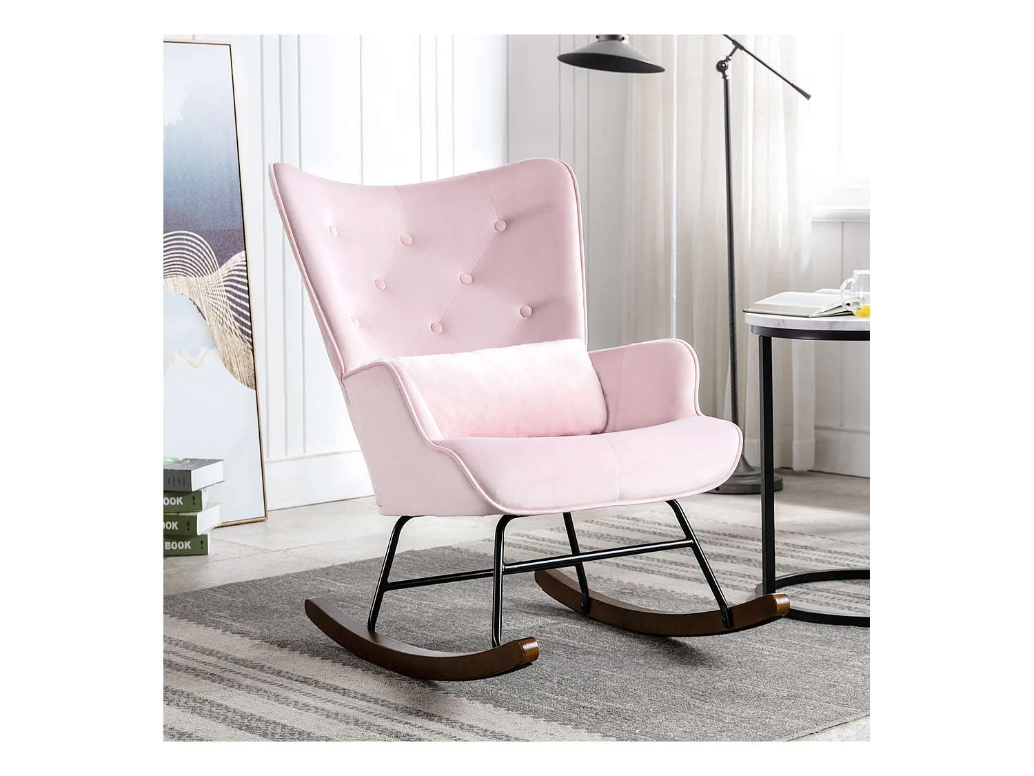 Modern gepluchede Schommelstoel voor de Woonkamer, Hoogrug Schommelstoel met Houten Poten, Roze