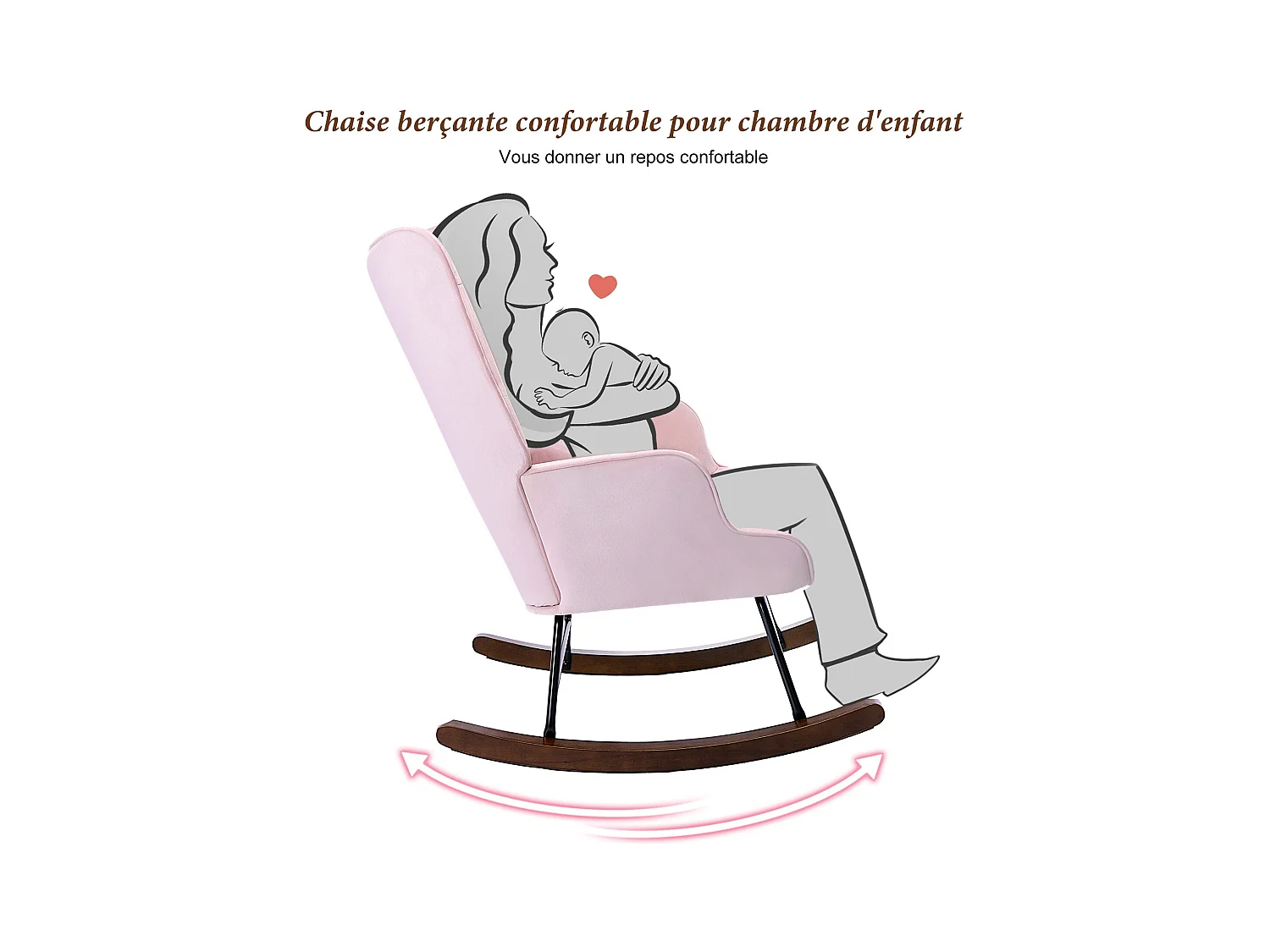 Modern gepluchede Schommelstoel voor de Woonkamer, Hoogrug Schommelstoel met Houten Poten, Roze