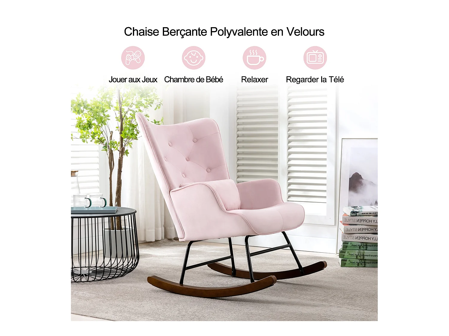 Modern gepluchede Schommelstoel voor de Woonkamer, Hoogrug Schommelstoel met Houten Poten, Roze