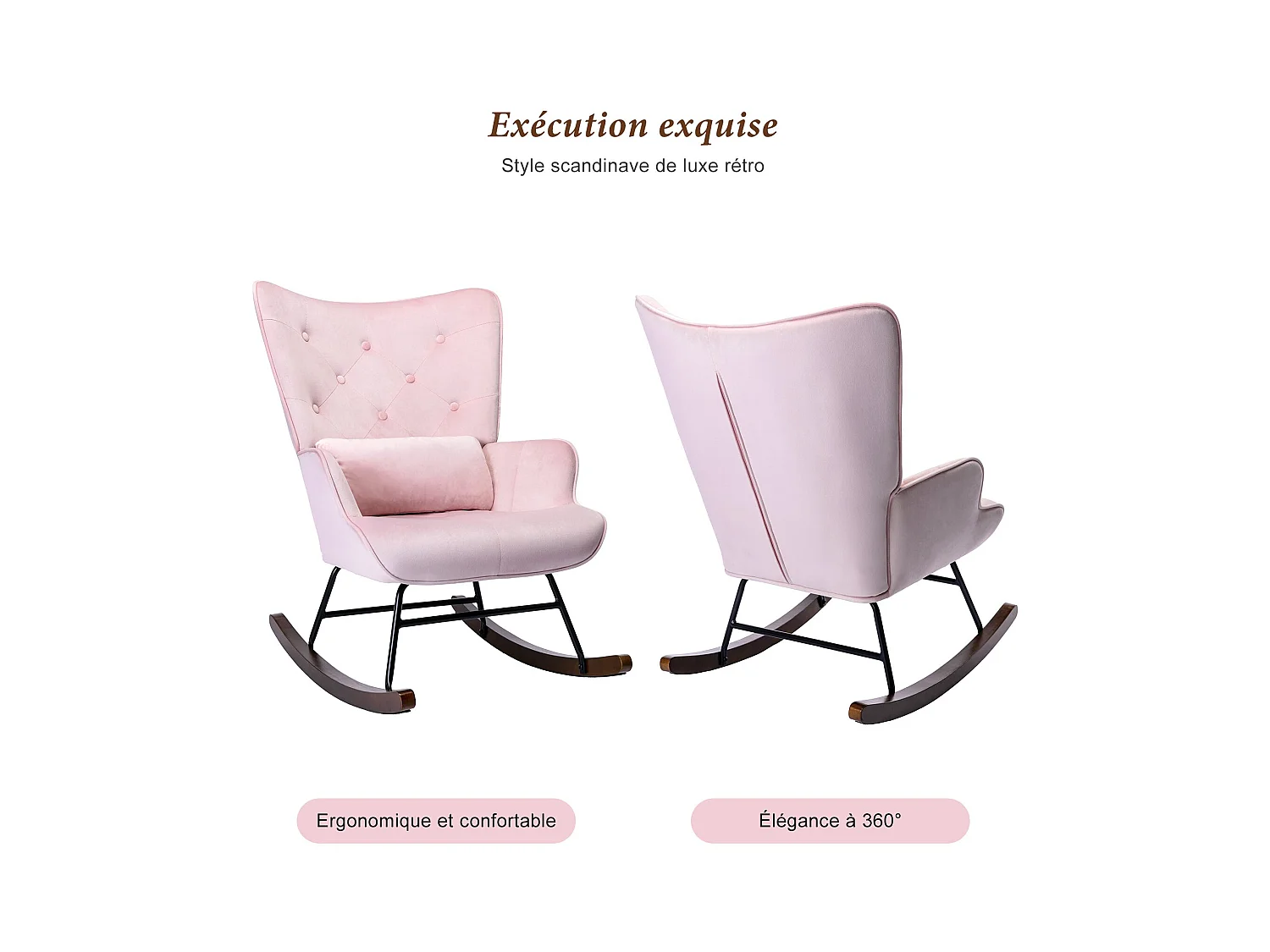 Modern gepluchede Schommelstoel voor de Woonkamer, Hoogrug Schommelstoel met Houten Poten, Roze