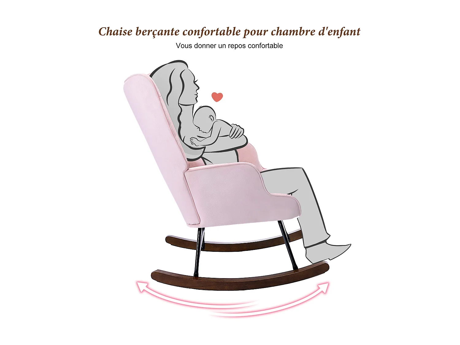 Modern gepluchede Schommelstoel voor de Woonkamer, Hoogrug Schommelstoel met Houten Poten, Roze