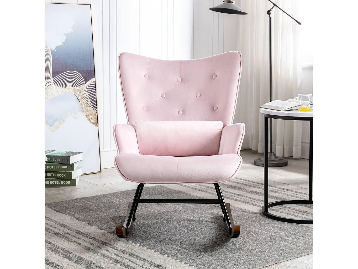 Modern gepluchede Schommelstoel voor de Woonkamer, Hoogrug Schommelstoel met Houten Poten, Roze