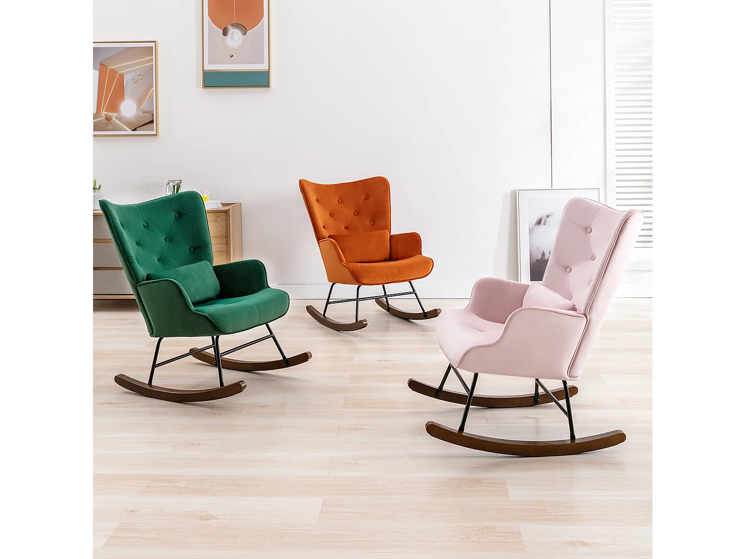 Modern gepluchede Schommelstoel voor de Woonkamer, Hoogrug Schommelstoel met Houten Poten, Roze