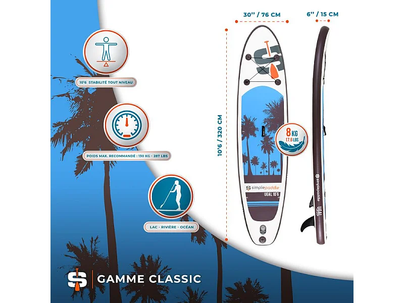 Paddle Gonflable UGAL 10'6 30'' 6" (315 x 76 x 15 cm) avec Pagaie, Leash, Pompe et Sac de Transport