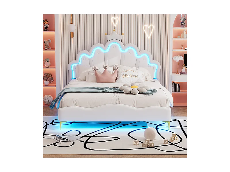 Kinder-Prinzessinnen-Doppelbett - 140 x 200 cm - mit einstellbaren LEDs - in weichem PU-Leder - weiß