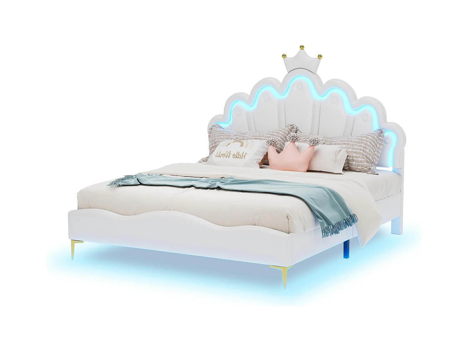 Lit double princesse enfant - 140 x 200 cm - avec Leds réglable - en cuir PU souple - blanc