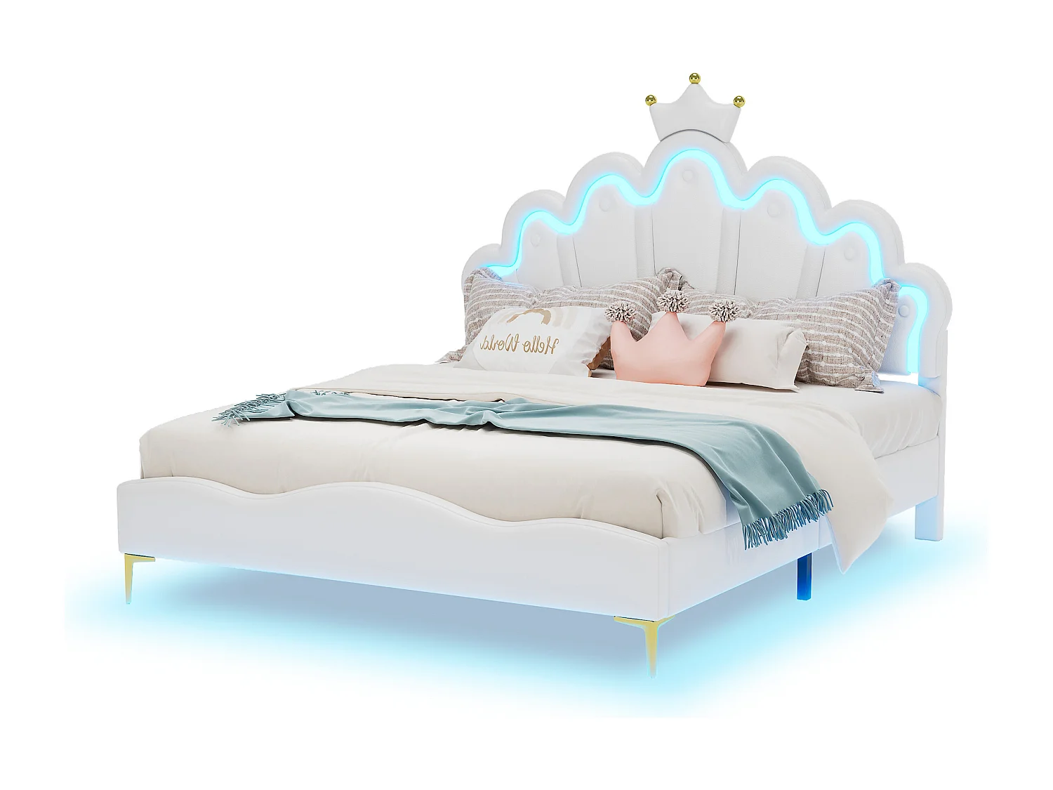 Letto matrimoniale principessa per bambini - 140 x 200 cm - con LED regolabili - in morbida pelle PU - bianco