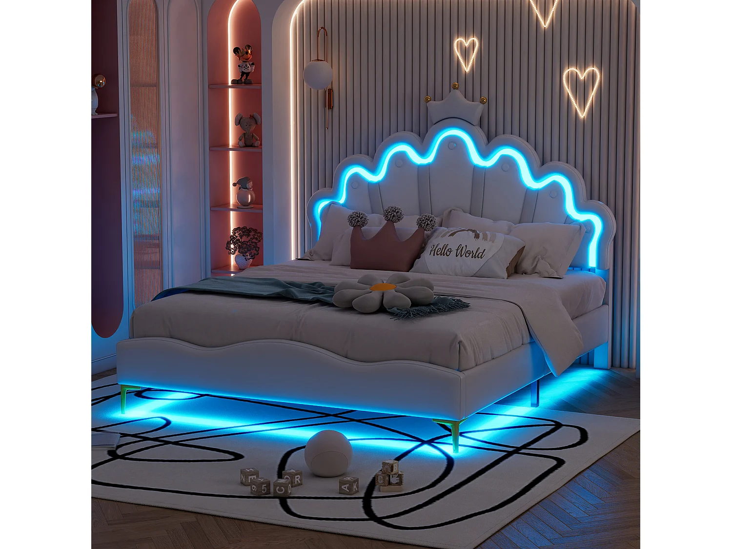 Lit double princesse enfant - 140 x 200 cm - avec Leds réglable - en cuir PU souple - blanc