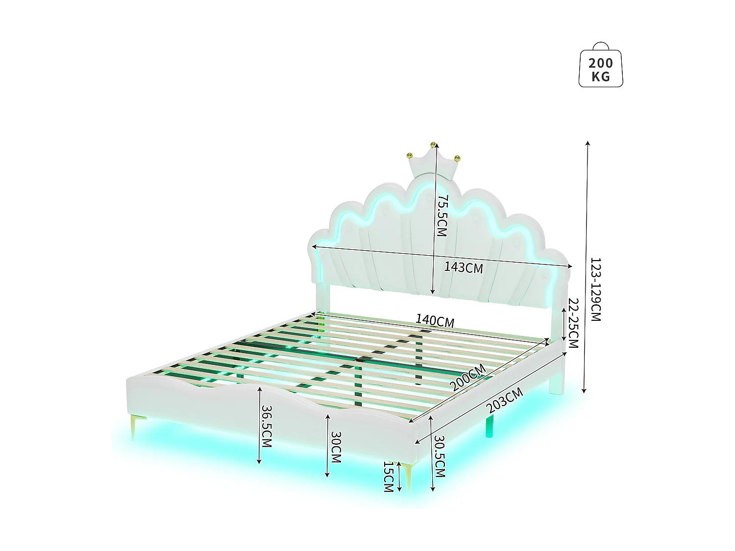 Lit double princesse enfant - 140 x 200 cm - avec Leds réglable - en cuir PU souple - blanc