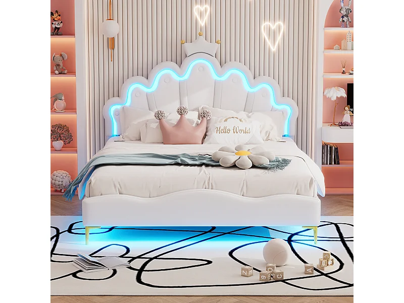 Lit double princesse enfant - 140 x 200 cm - avec Leds réglable - en cuir PU souple - blanc