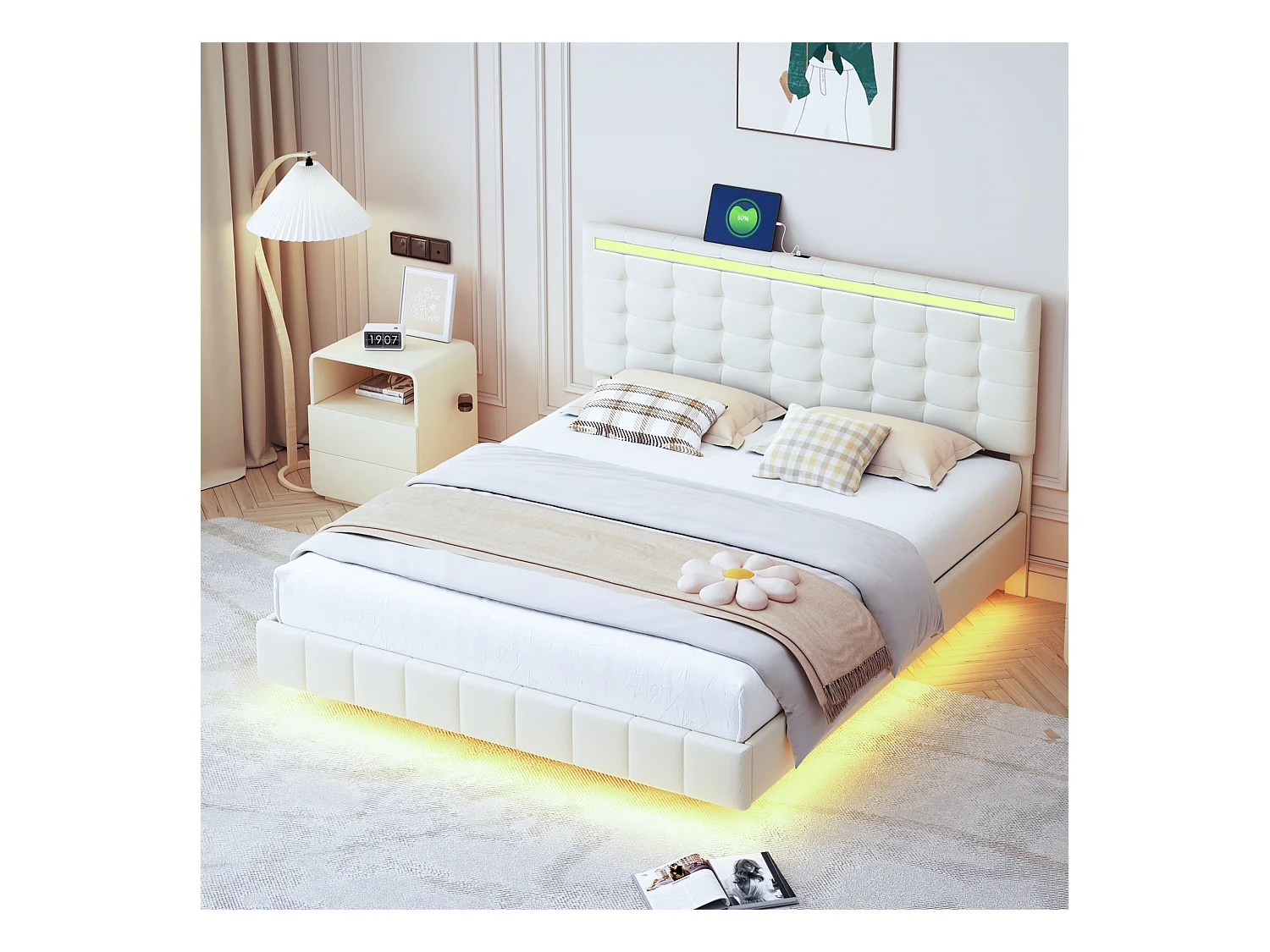 Polsterbett Doppelbett - 160 x 200 cm - mit Kopfteil - Leinenstoff - LEDs - Lattenrost - Beige