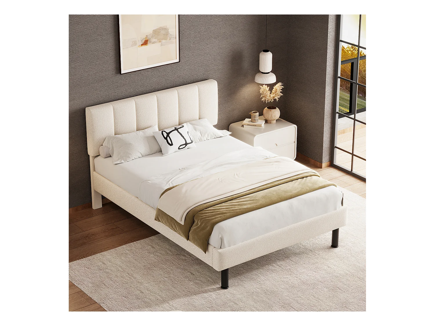 Cama tapizada - 140 x 190 cm - con cabecero - Tejido sherpa - Colchón no incluido - Beige