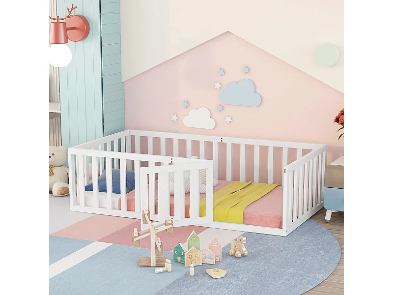 Lit enfant - 90 x 200 cm - cadre de lit au sol avec clôture et porte - Bois massif -gris