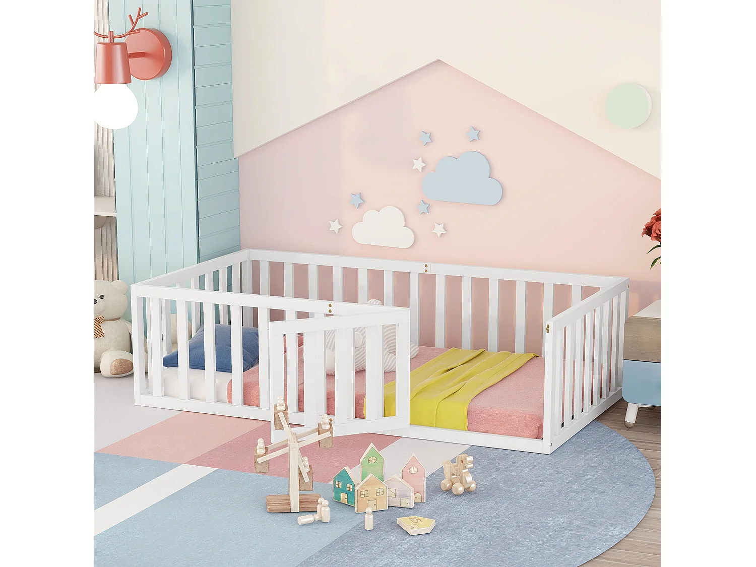 Letto per bambini - 90 x 200 cm - struttura letto a terra con cancelletto e porta - Legno massello - grigio