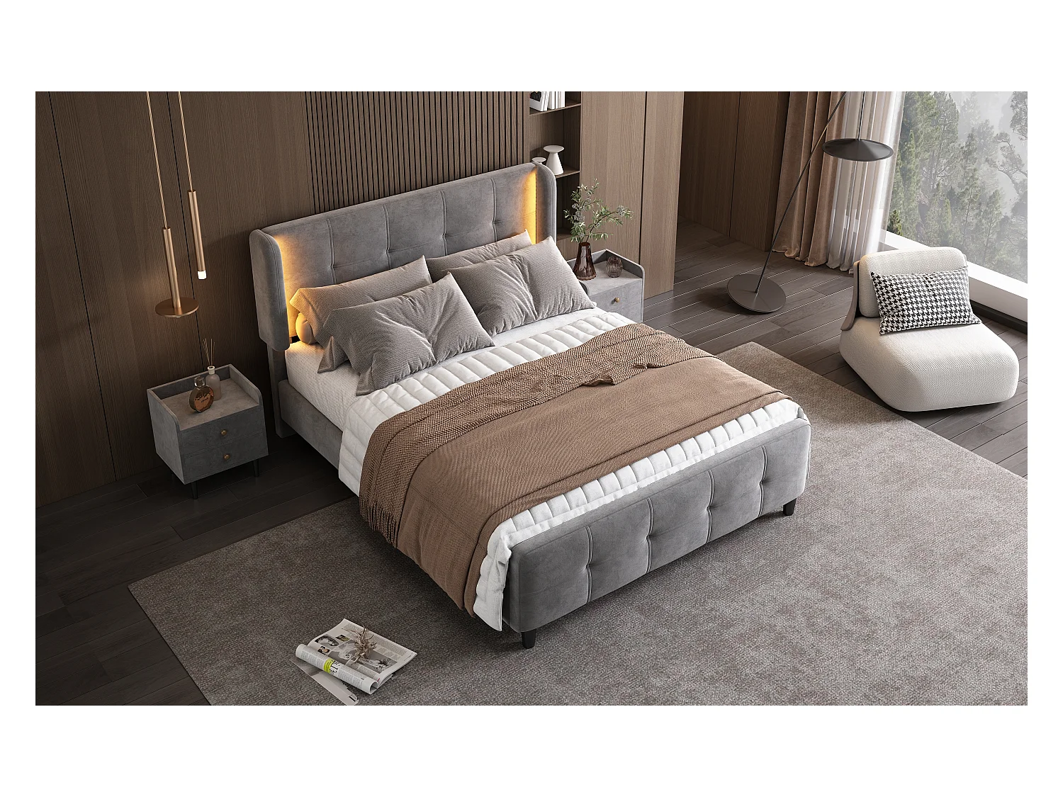 Lit rembourré double - 140 x 200 cm - avec Leds + tête de lit réglable - velours - gris