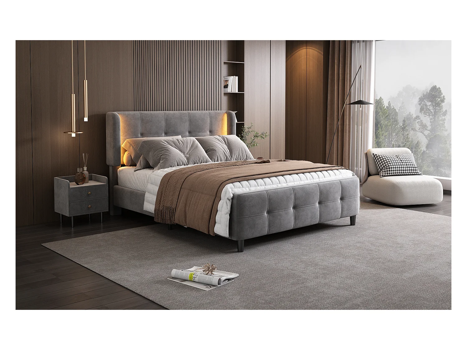 Lit rembourré double - 140 x 200 cm - avec Leds + tête de lit réglable - velours - gris