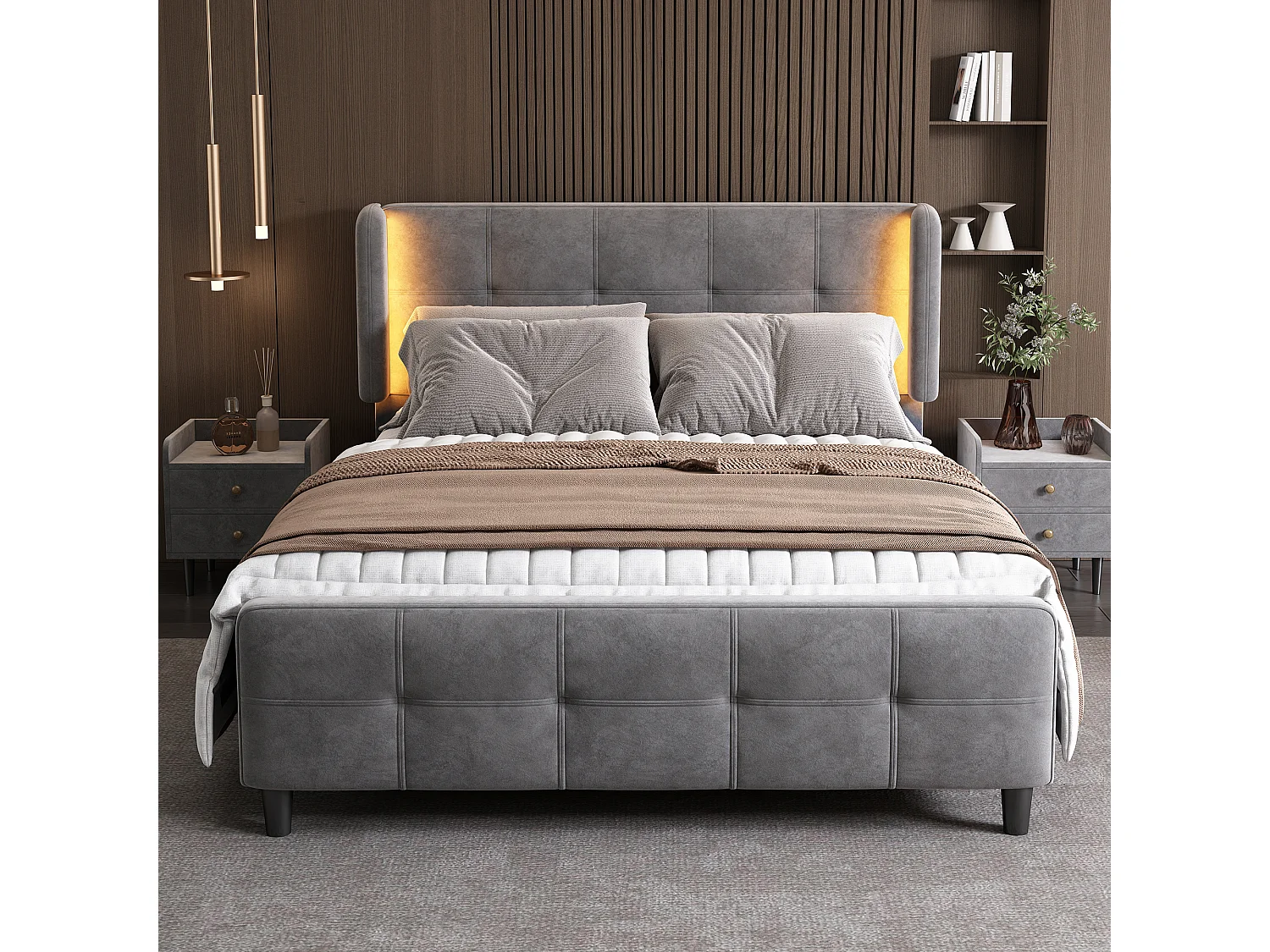 Letto matrimoniale imbottito - 140 x 200 cm - con LED + testiera regolabile - velluto - grigio