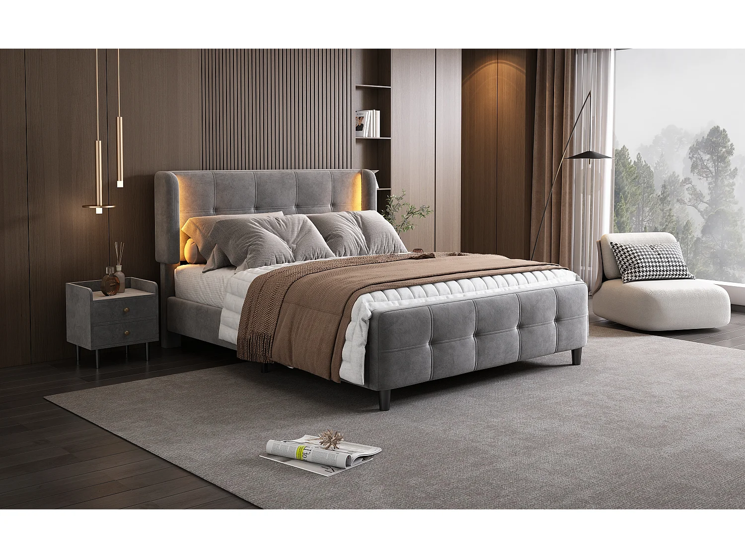 Letto matrimoniale imbottito - 140 x 200 cm - con LED + testiera regolabile - velluto - grigio