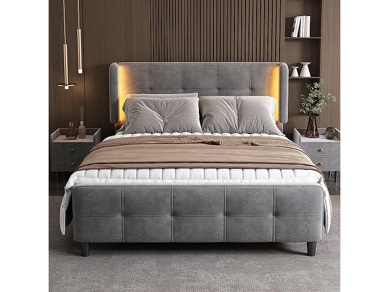 Letto matrimoniale imbottito - 140 x 200 cm - con LED + testiera regolabile - velluto - grigio