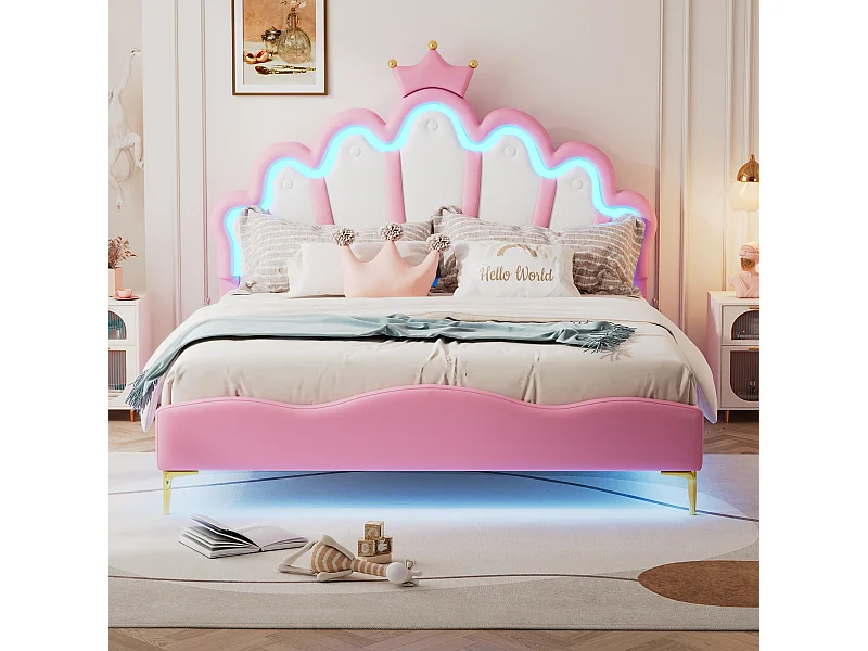 Lit double princesse enfant - 140 x 200 cm - avec Leds réglable - en cuir PU souple - rose