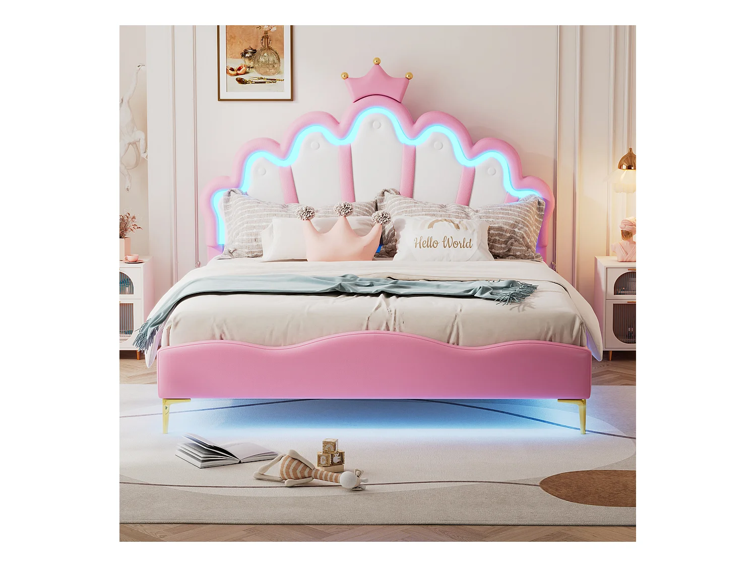 Lit double princesse enfant - 140 x 200 cm - avec Leds réglable - en cuir PU souple - rose
