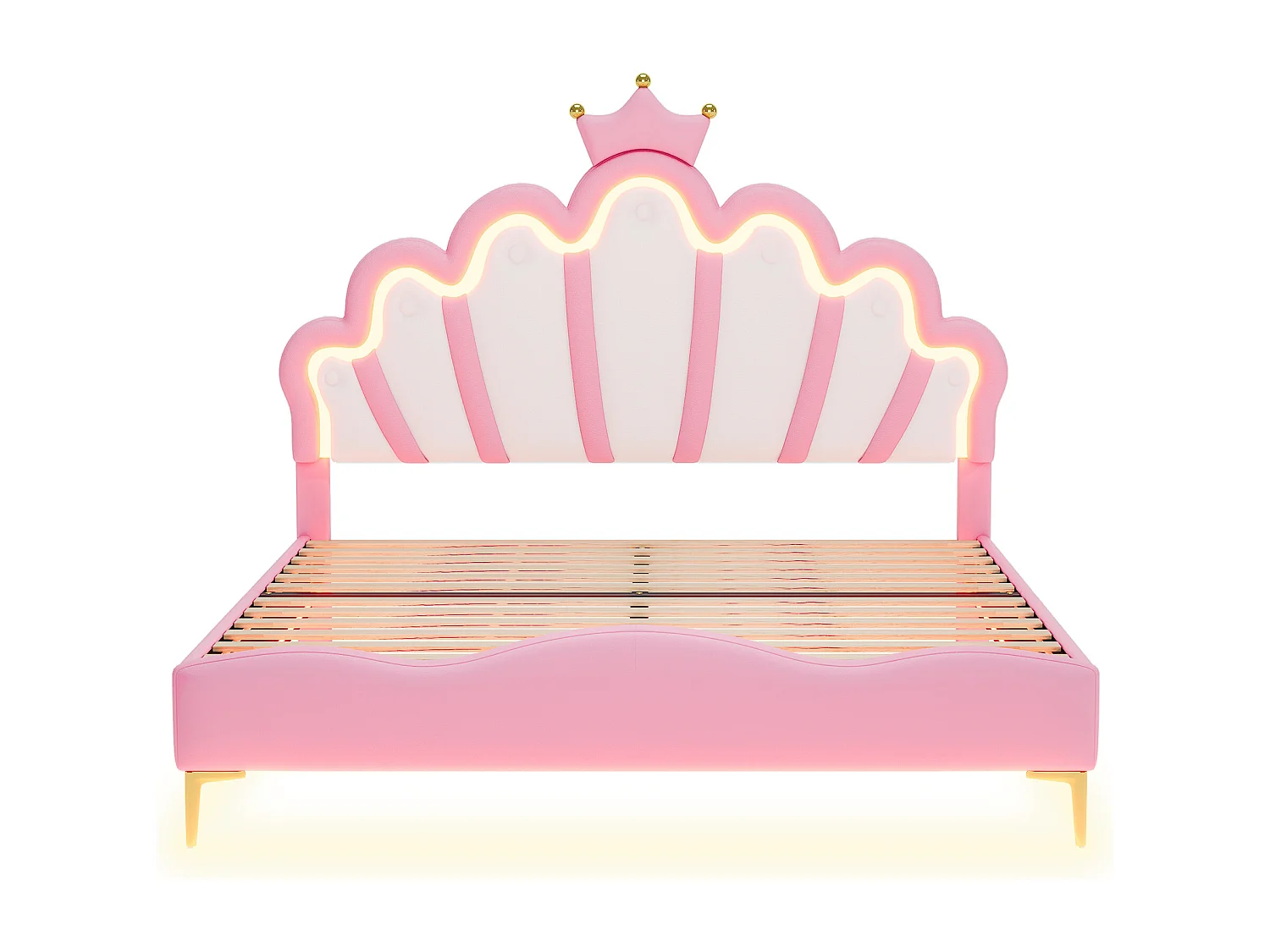 Lit double princesse enfant - 140 x 200 cm - avec Leds réglable - en cuir PU souple - rose