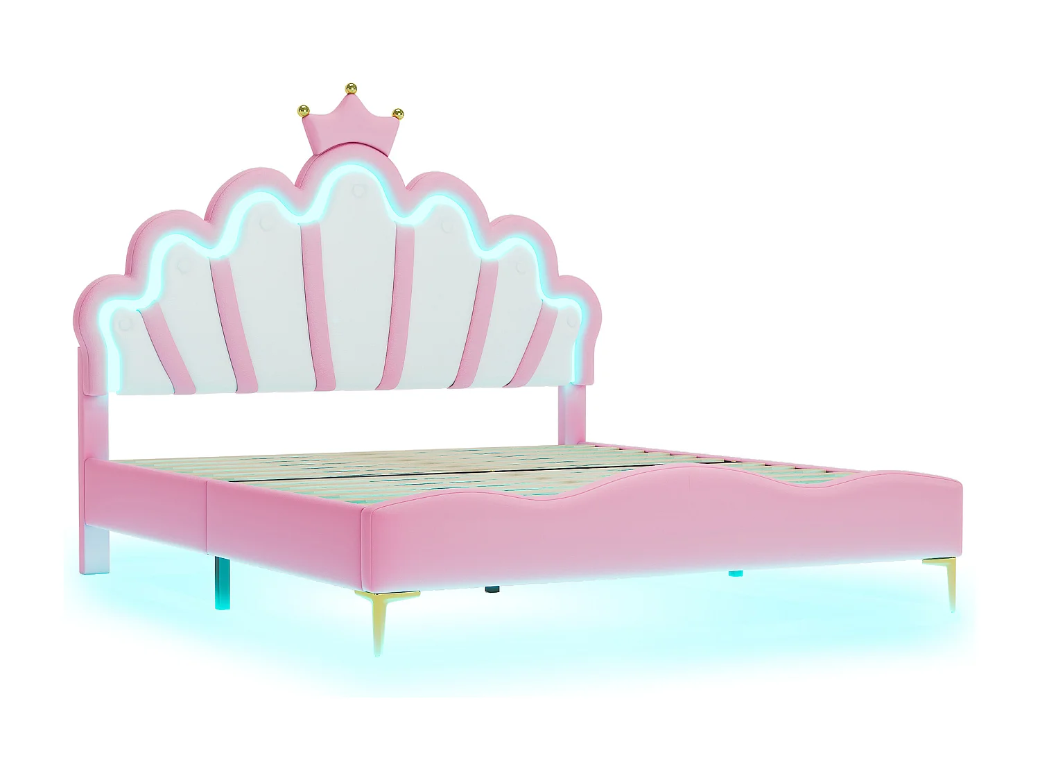 Kinder-Prinzessinnen-Doppelbett - 140 x 200 cm - mit einstellbaren LEDs - in weichem PU-Leder - rosa