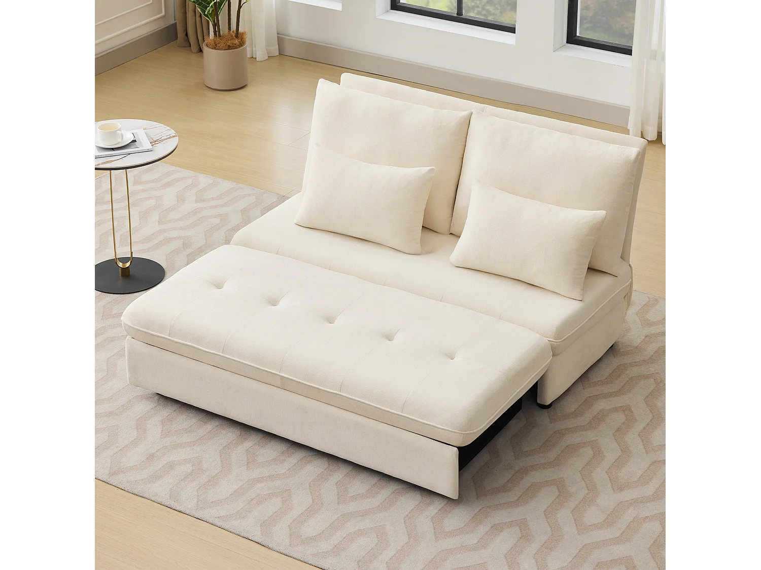 Canapé-lit rembourré - 90 x 130 cm - avec rangement et coussins épais - Tissu chenille - beige