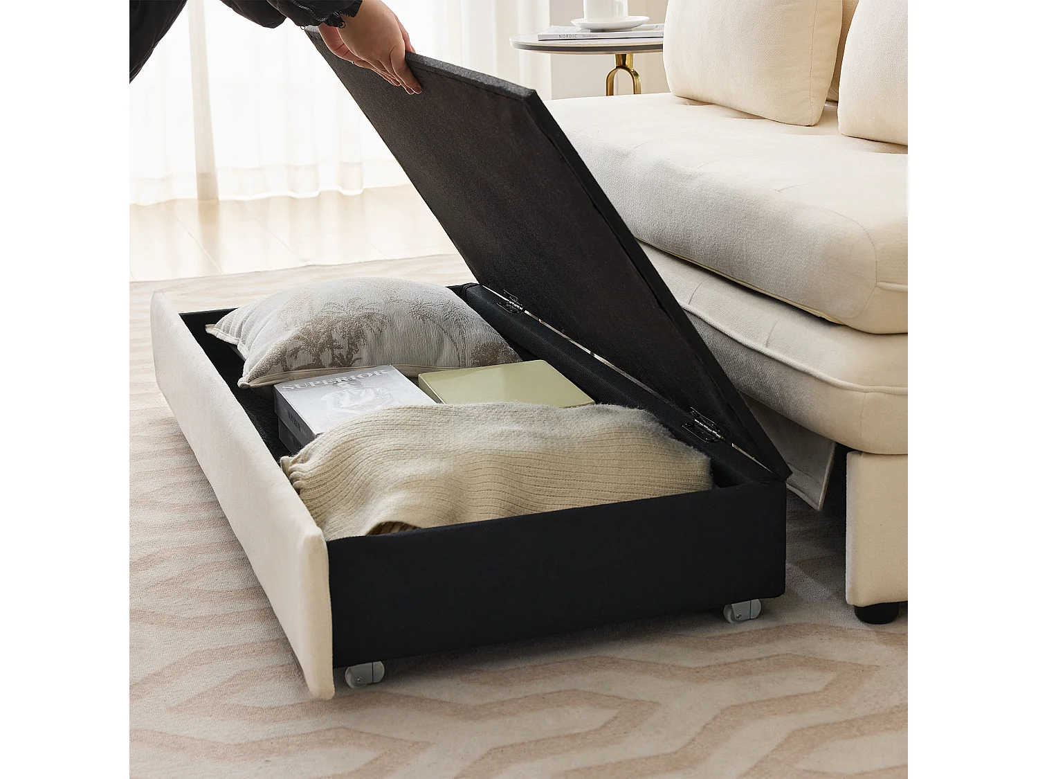 Canapé-lit rembourré - 90 x 130 cm - avec rangement et coussins épais - Tissu chenille - beige