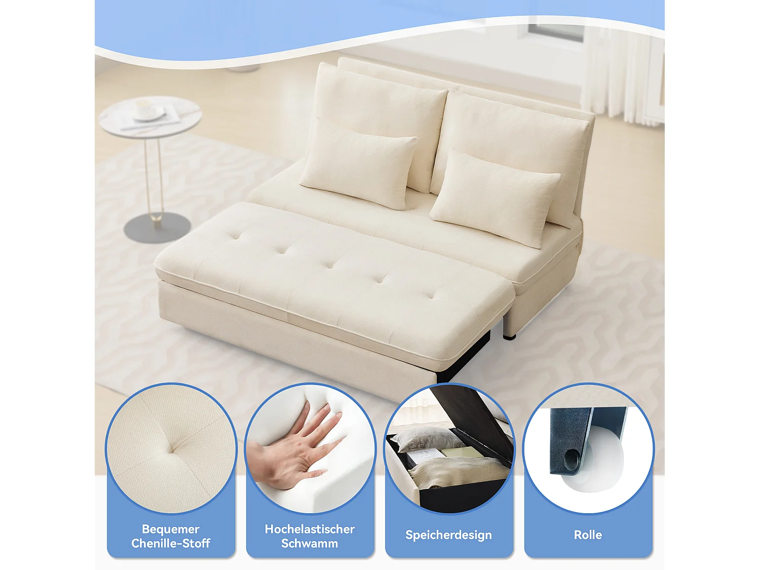 Canapé-lit rembourré - 90 x 130 cm - avec rangement et coussins épais - Tissu chenille - beige