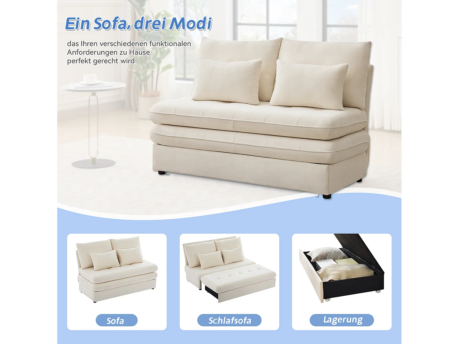 Canapé-lit rembourré - 90 x 130 cm - avec rangement et coussins épais - Tissu chenille - beige