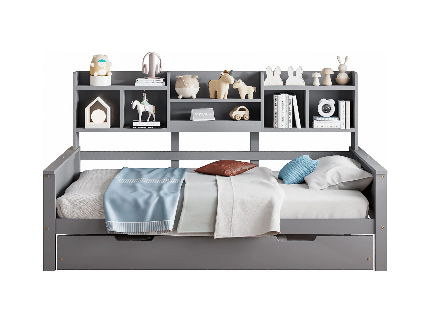 Lit gigogne simple - 90 x 200 cm + 90 x 190 cm - Canapé-lit avec rangement - Pin + contreplaqué + MDF - gris