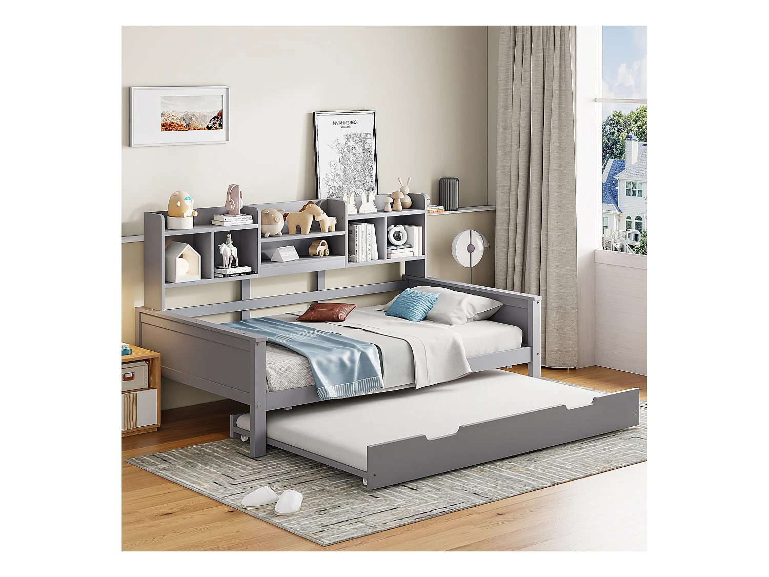 Eenpersoonsbed met uitschuifbed - 90 x 200 cm + 90 x 190 cm - Slaapbank met opbergruimte - Dennenhout + multiplex + MDF - grijs