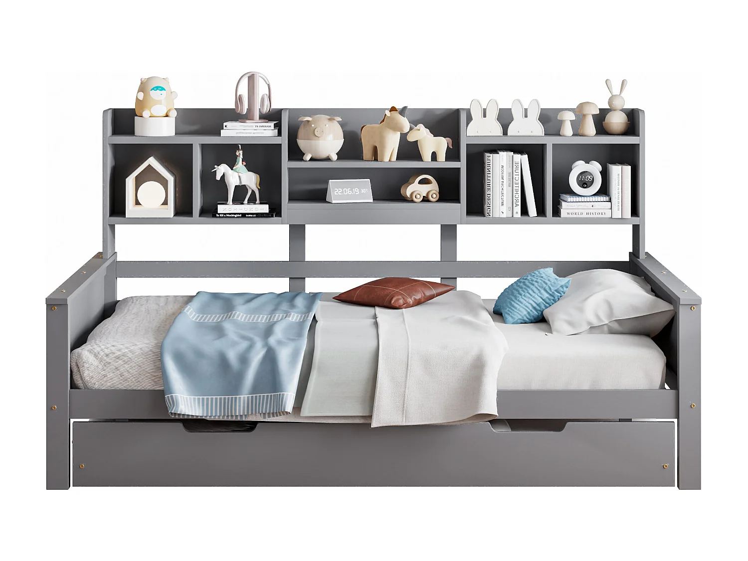 Lit gigogne simple - 90 x 200 cm + 90 x 190 cm - Canapé-lit avec rangement - Pin + contreplaqué + MDF - gris