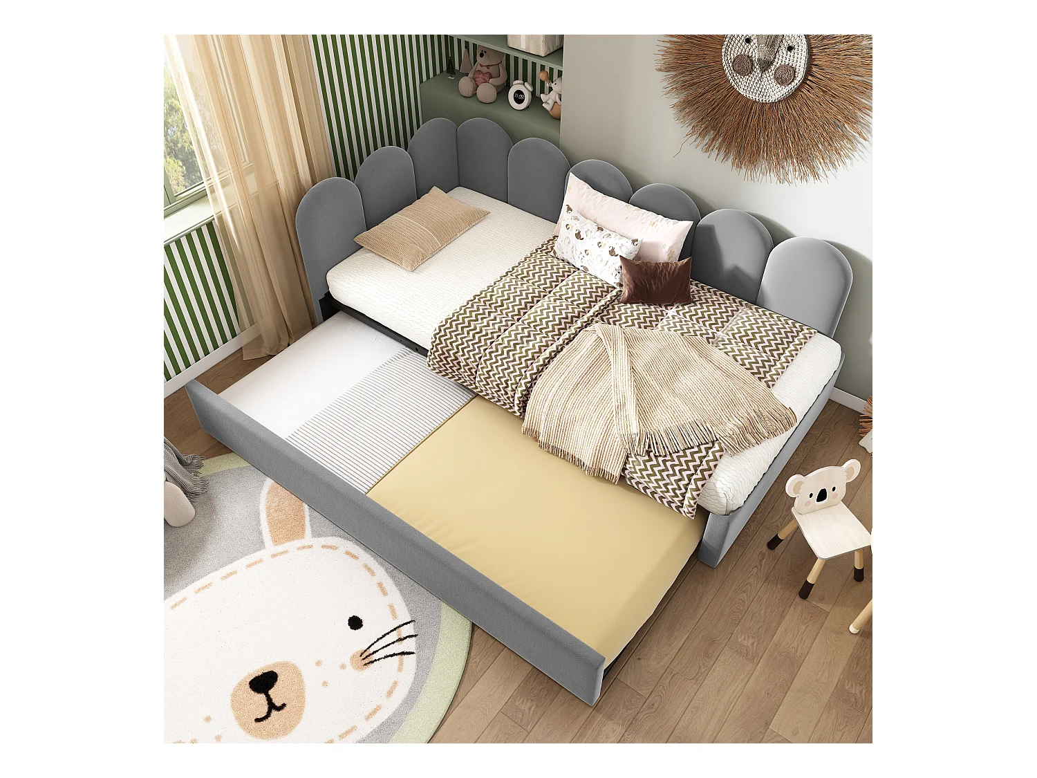 Polster-Ausziehbett - 90x200 cm + 90x190 cm - Kinder-Schlafsofa - ohne Matratze - Samt - grau