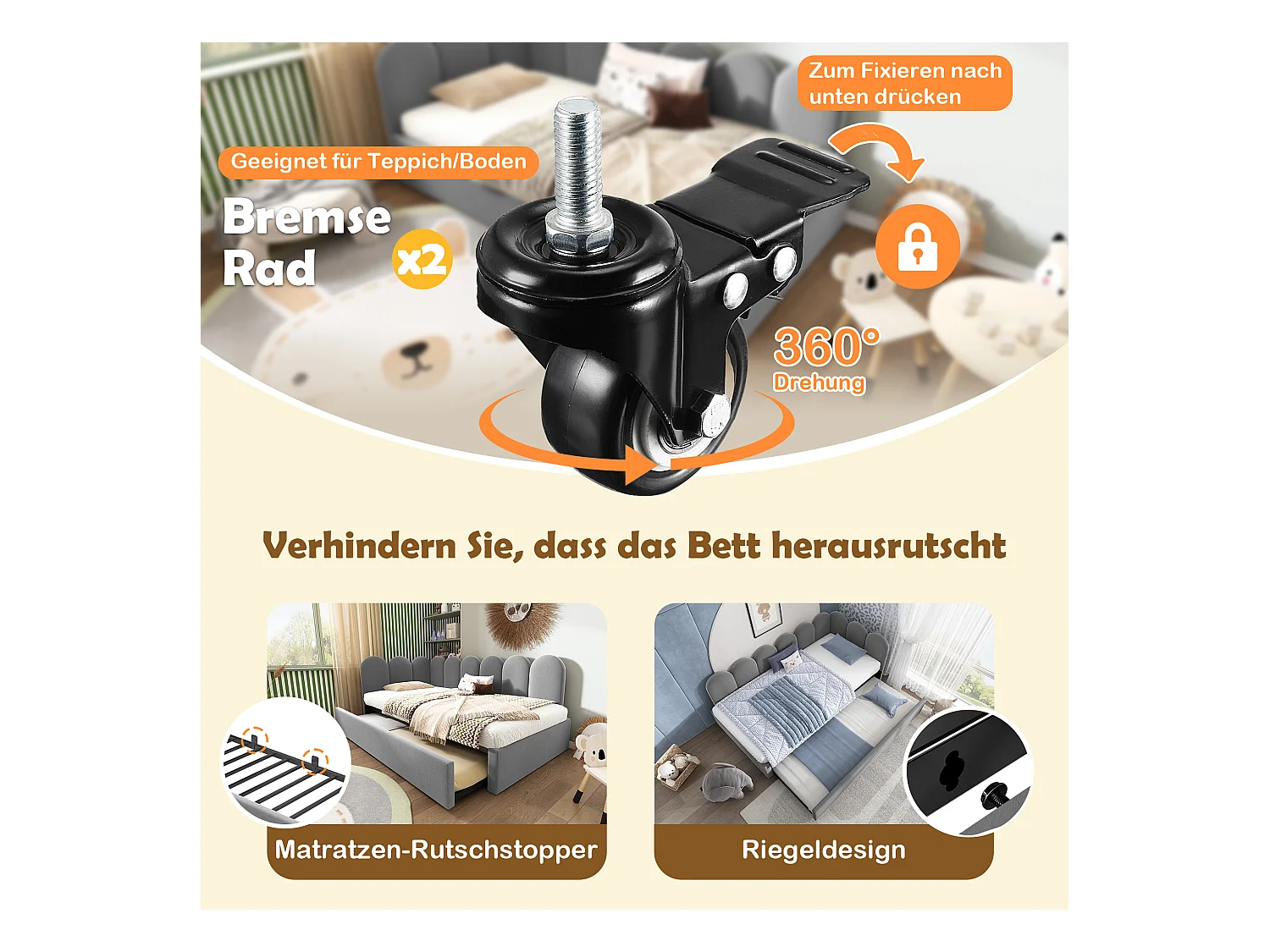 Polster-Ausziehbett - 90x200 cm + 90x190 cm - Kinder-Schlafsofa - ohne Matratze - Samt - grau