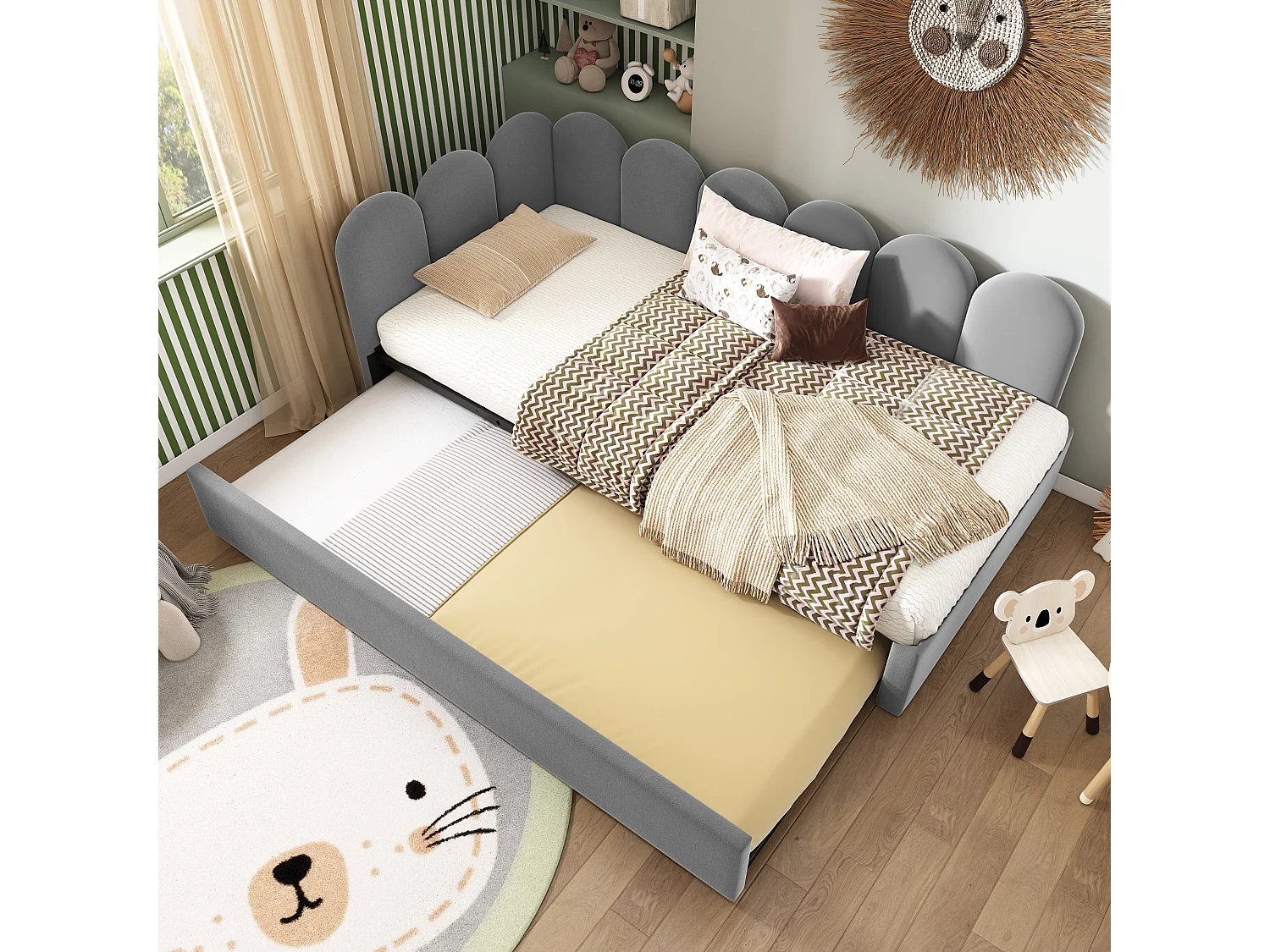 Lit gigogne rembourré - 90 x 200 cm + 90 x 190 cm - canapé-lit enfant - sans matelas - velours - gris