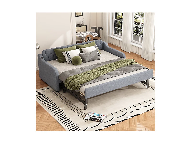 Einzelbett mit Ausziehbett - 2 x 90 x 190 cm - Schlafsofa mit USB - Leinen + MDF - grau