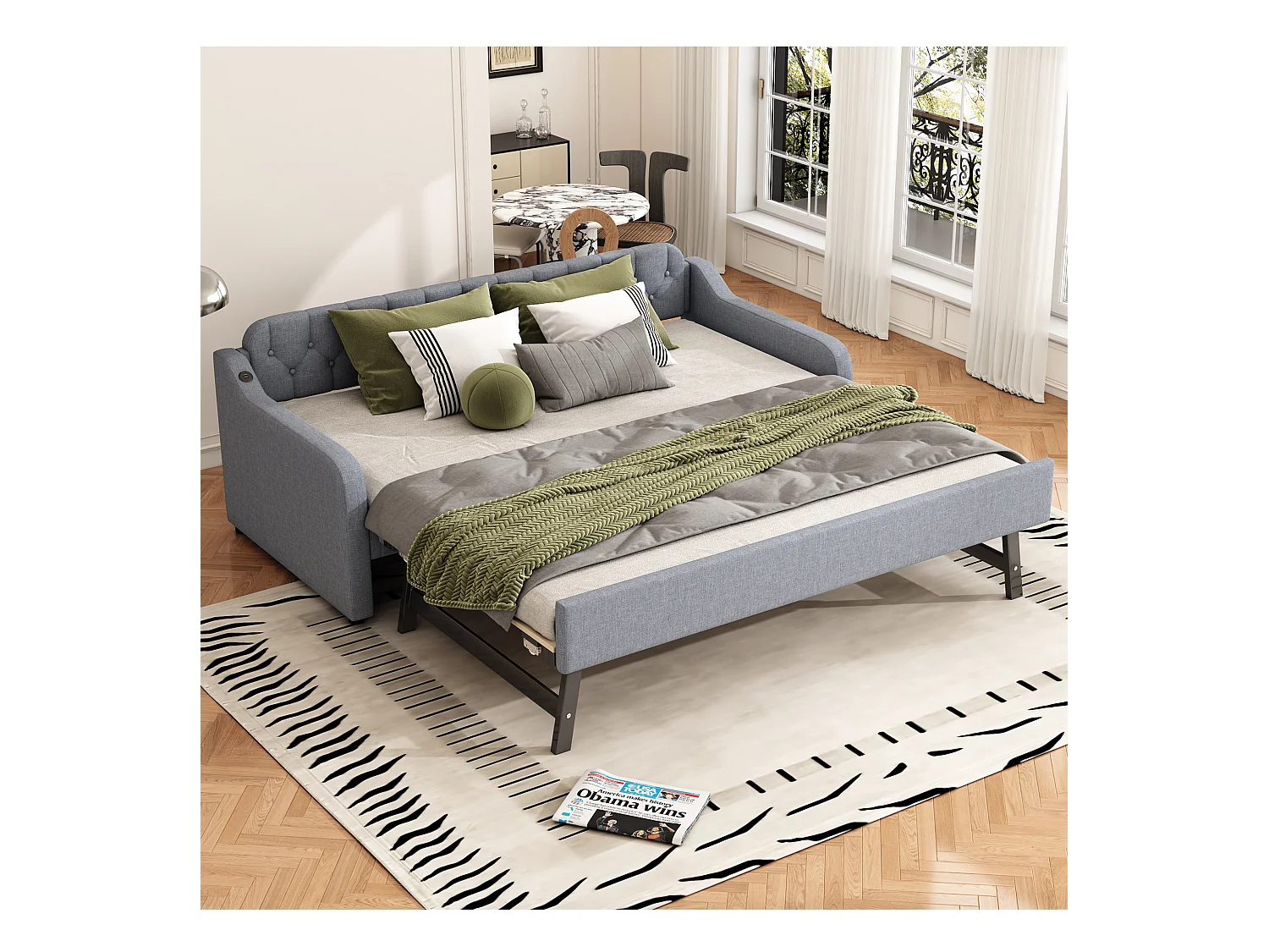 Lit gigogne simple - 2 x 90 x 190 cm - Canapé-lit avec USB - Lin + MDF - gris