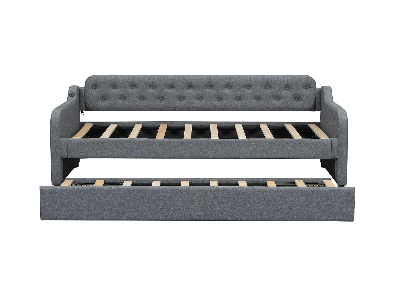 Lit gigogne simple - 2 x 90 x 190 cm - Canapé-lit avec USB - Lin + MDF - gris