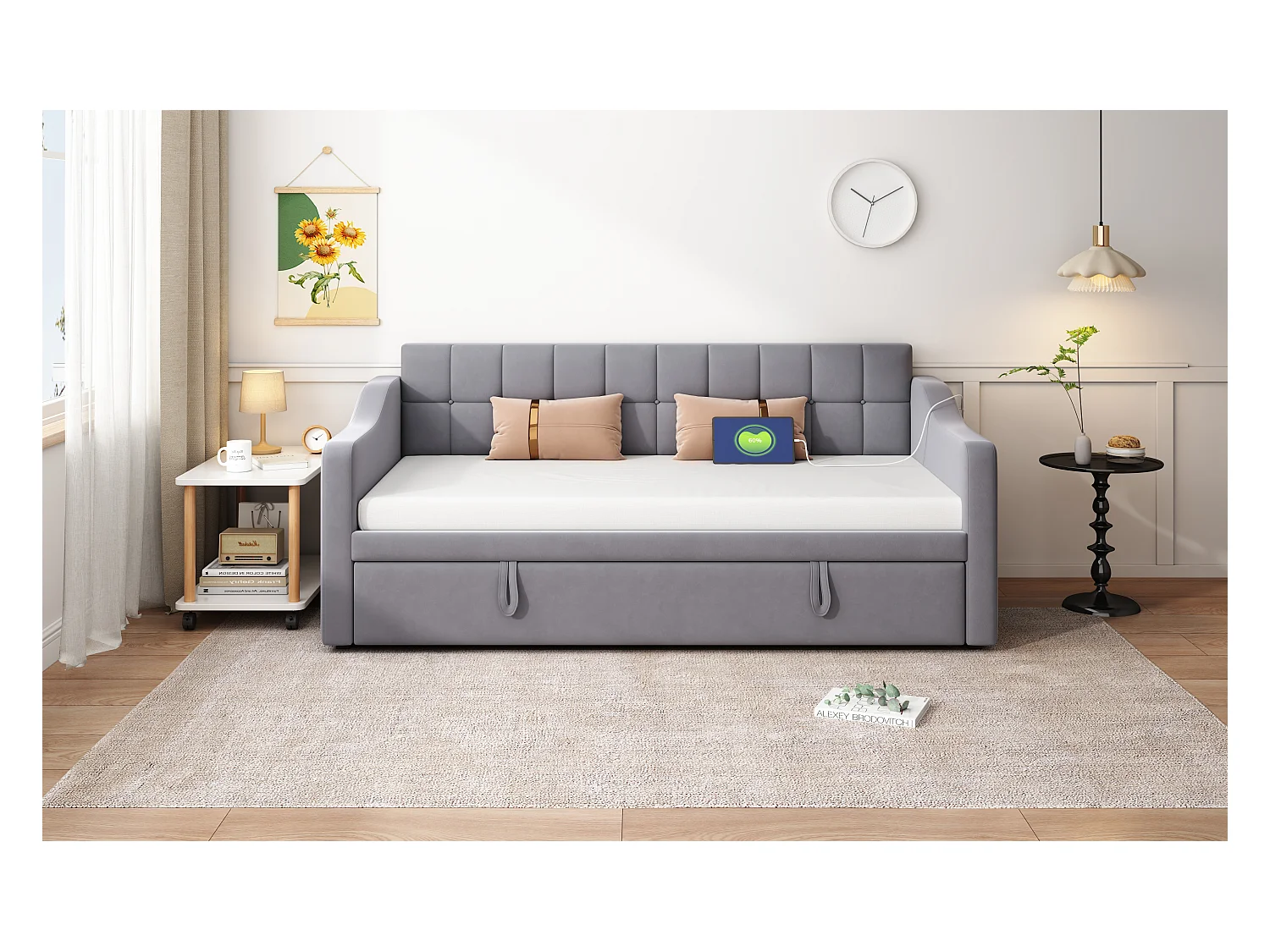 Letto estraibile imbottito 2 in 1 - 90/180 x 190 cm - divano letto con presa di corrente e vano contenitore - tessuto in velluto - grigio